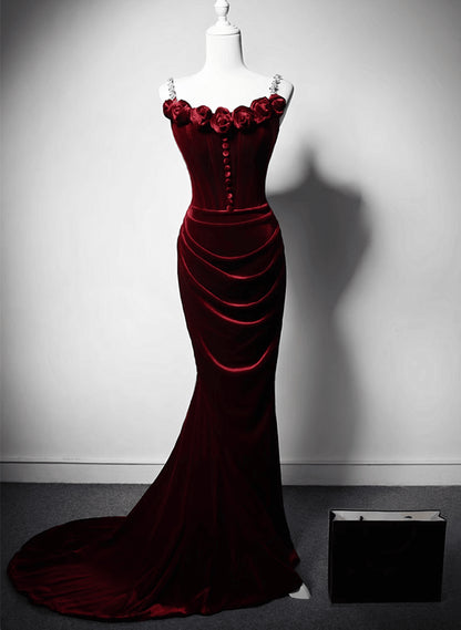 Beaira Wine Red Mermaid Straps Beaded Long Formal Dress Wine Red Evening Dress Prom Dress