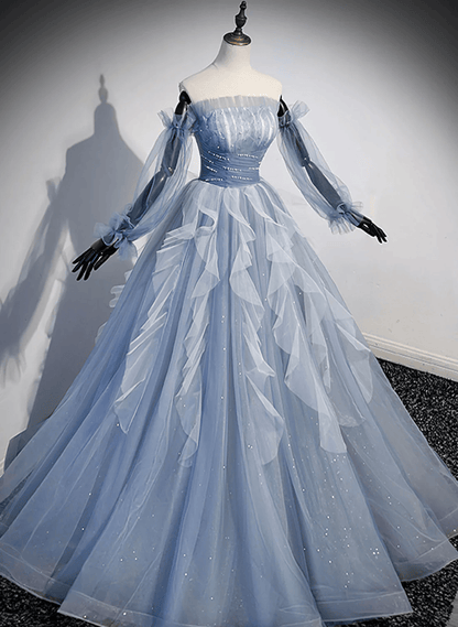 Beaira Light Blue Ball Gown Long Sleeves Beaded Party Dress Light Blue Prom Dress