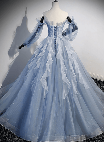 Beaira Light Blue Ball Gown Long Sleeves Beaded Party Dress Light Blue Prom Dress