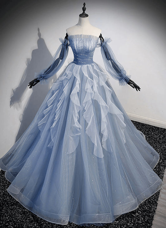 Beaira Light Blue Ball Gown Long Sleeves Beaded Party Dress Light Blue Prom Dress