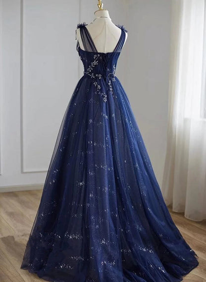 Beaira A-line Navy blue Tulle Beaded V-neckline Party Dress Navy Blue Shiny Tulle Prom Dress