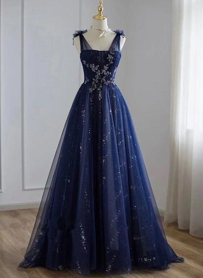 Beaira A-line Navy blue Tulle Beaded V-neckline Party Dress Navy Blue Shiny Tulle Prom Dress