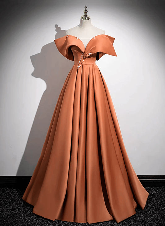 Beaira A-line Orange Satin Beaded Sweetheart Prom Dress Orange Long Evening Dress