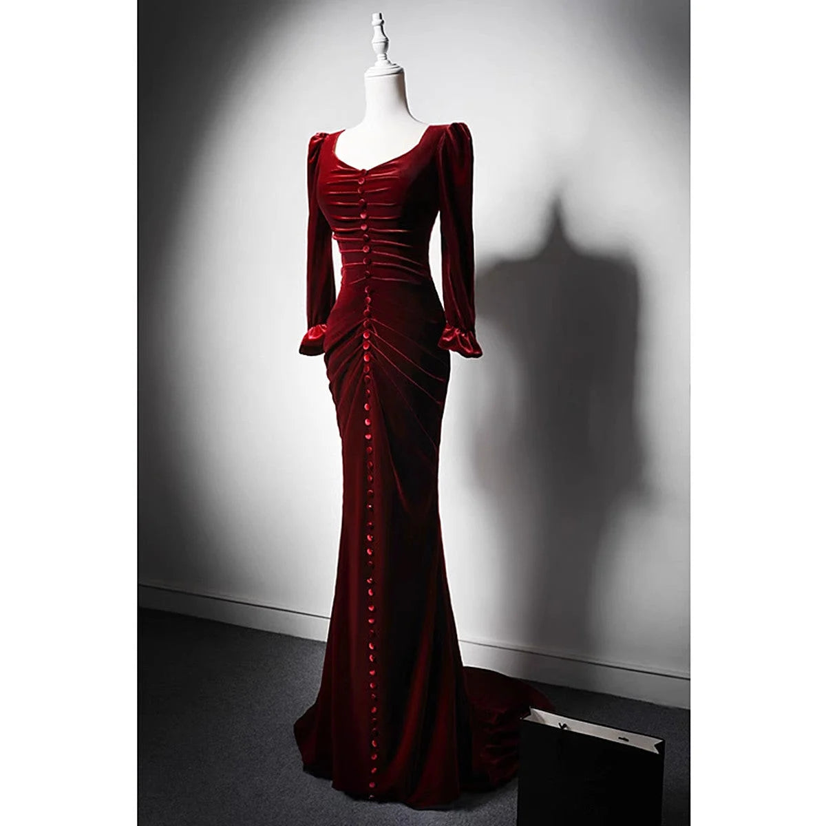 Beaira Wine Red Velvet Long Sleeves Mermaid Long Prom Dress Wine Red Evening Dress