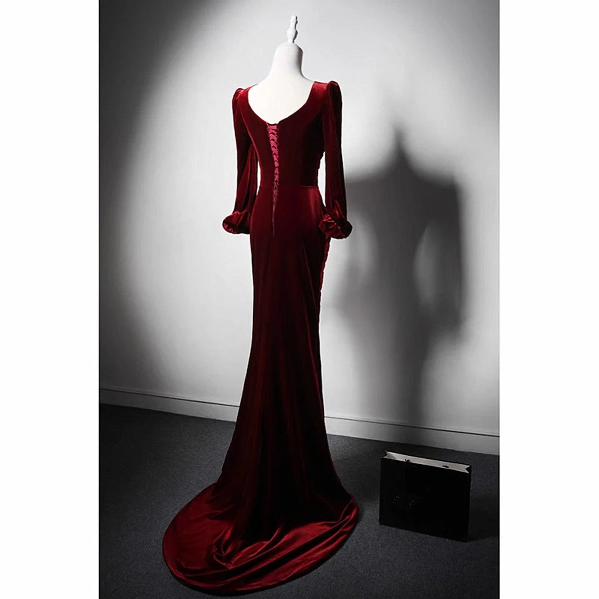 Beaira Wine Red Velvet Long Sleeves Mermaid Long Prom Dress Wine Red Evening Dress