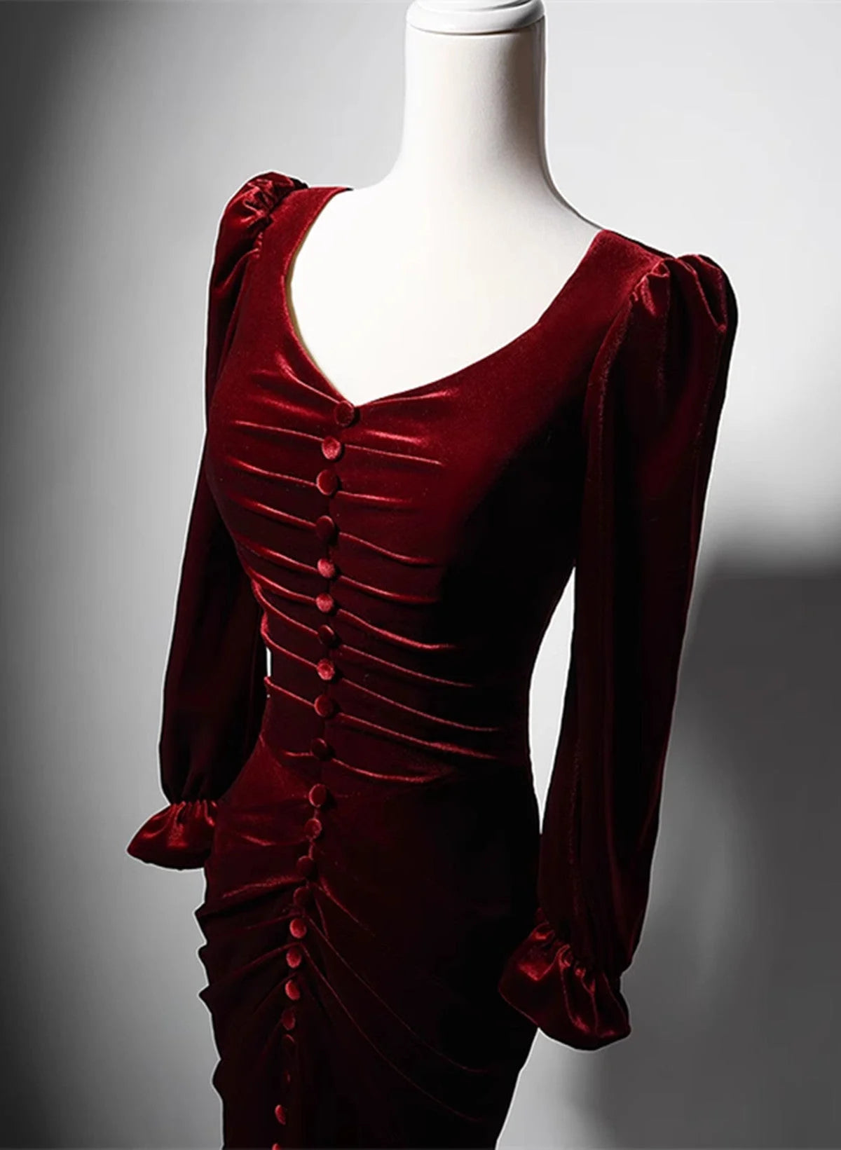 Beaira Wine Red Velvet Long Sleeves Mermaid Long Prom Dress Wine Red Evening Dress