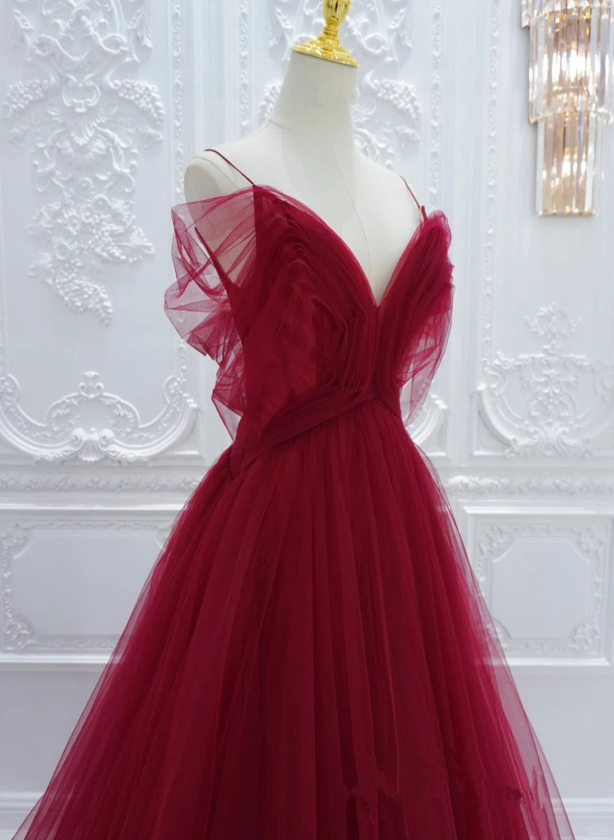 Beaira Wine Red Tulle V-neckline Long Party Dress Wine Red Tulle Prom Dress