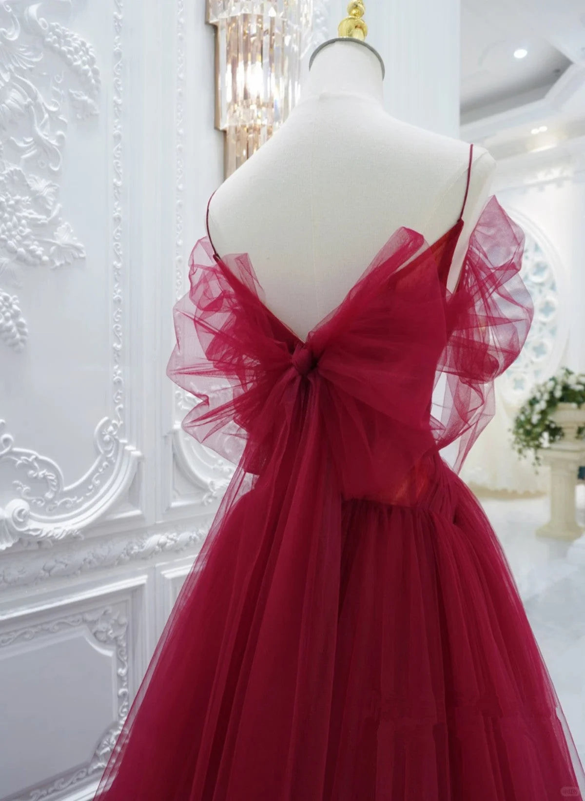 Beaira Wine Red Tulle V-neckline Long Party Dress Wine Red Tulle Prom Dress