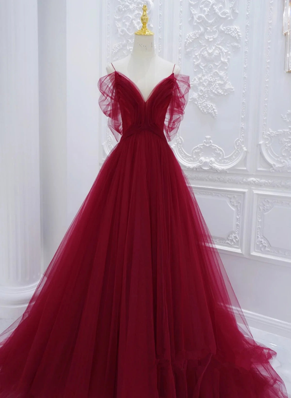 Beaira Wine Red Tulle V-neckline Long Party Dress Wine Red Tulle Prom Dress