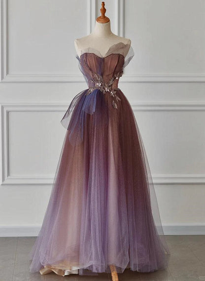 Beaira A-line Purple Gradient Tulle Beaded Long Party Dress Purple Tulle Prom Dress