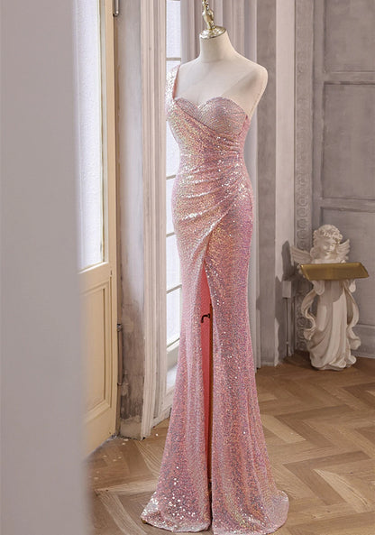 Beaira Pink Sequins Mermaid Sweetheart Long Prom Dress Pink Sequins Evening Dress