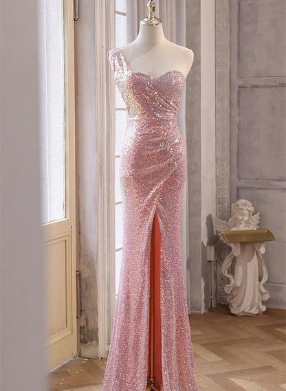 Beaira Pink Sequins Mermaid Sweetheart Long Prom Dress Pink Sequins Evening Dress