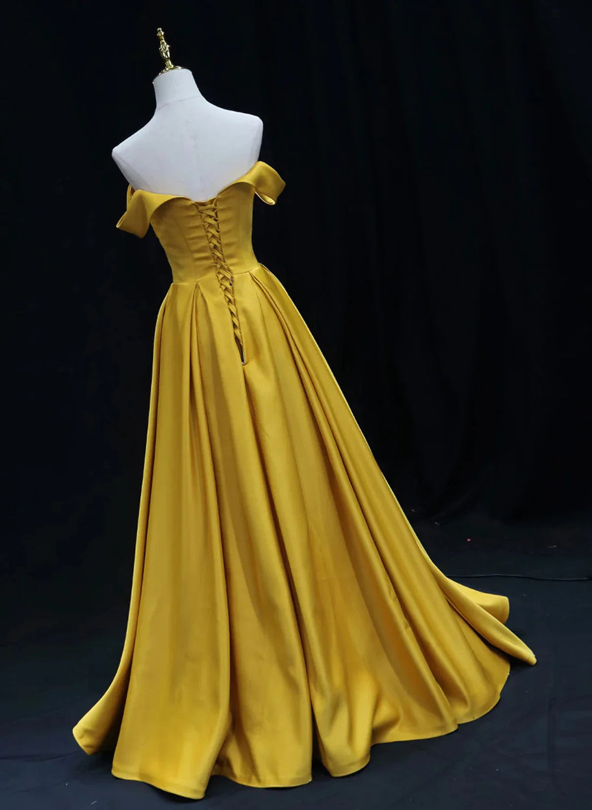 Beaira Yellow A-line Simple Satin Off Shoulder Prom Dress Yellow Satin Formal Dress