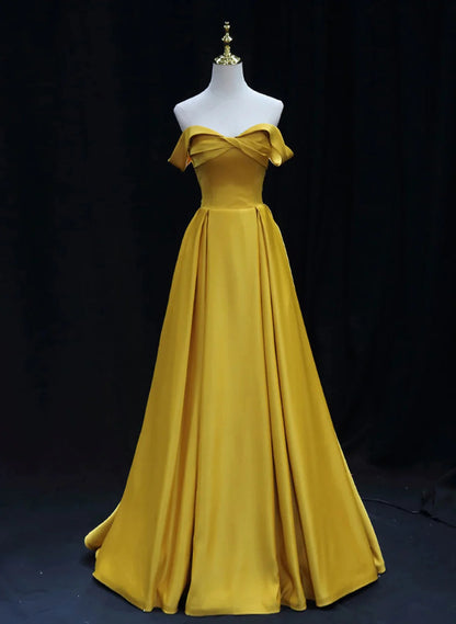 Beaira Yellow A-line Simple Satin Off Shoulder Prom Dress Yellow Satin Formal Dress