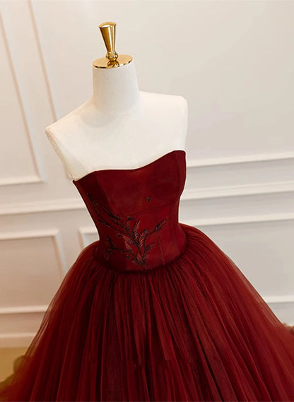 Beaira Wine Red Scoop Sweetheart Tulle Ball Gown Prom Dress Wine Red Tulle Evening Dress