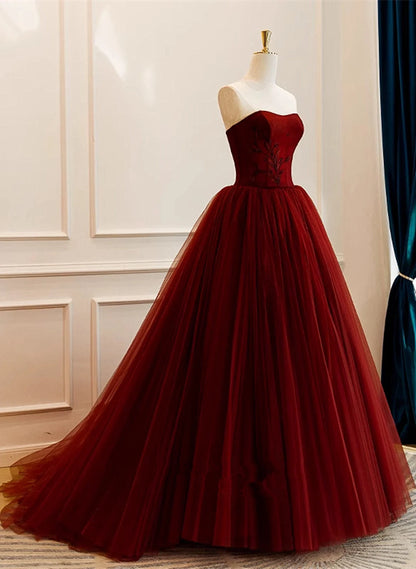 Beaira Wine Red Scoop Sweetheart Tulle Ball Gown Prom Dress Wine Red Tulle Evening Dress