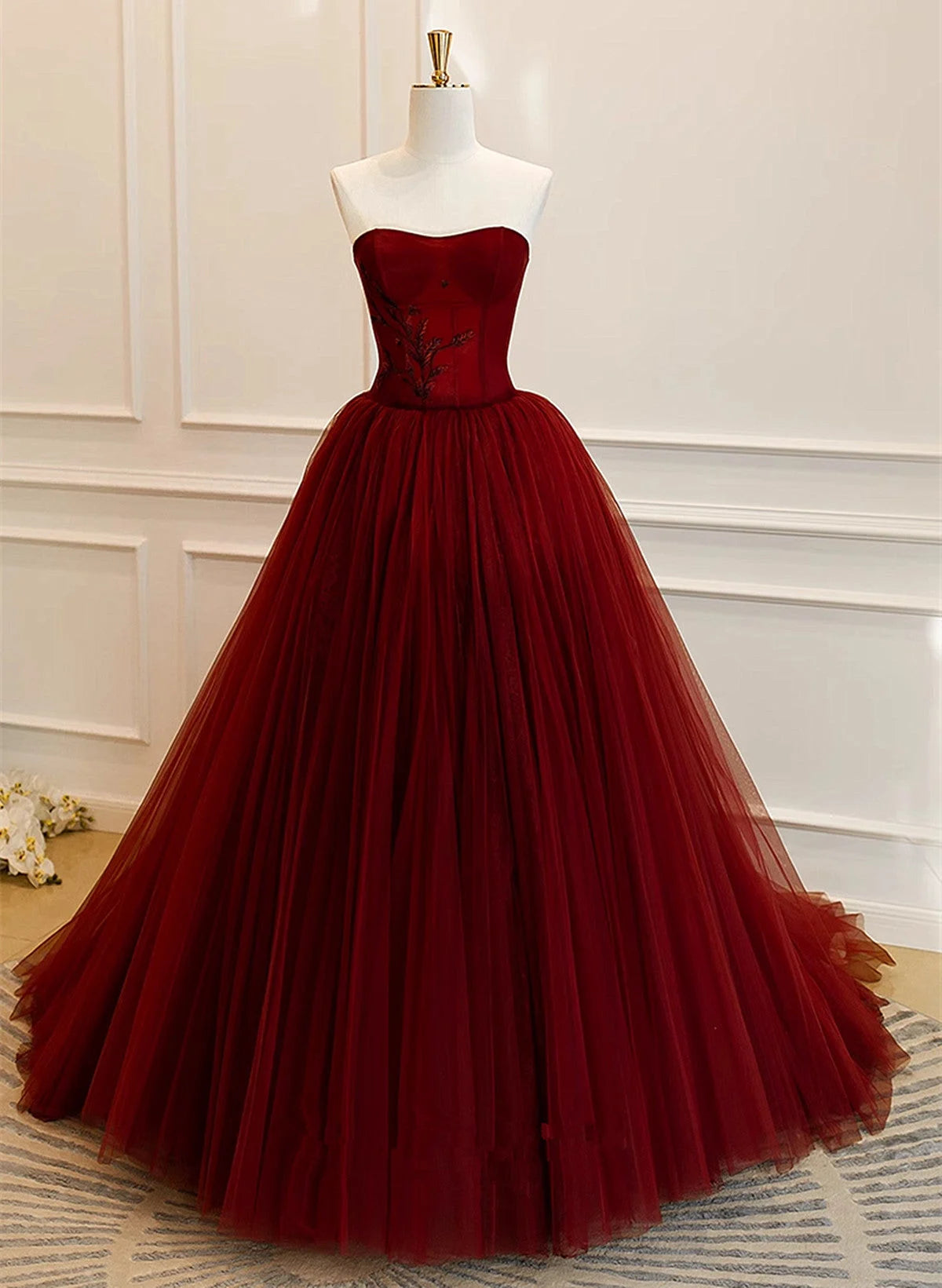 Beaira Wine Red Scoop Sweetheart Tulle Ball Gown Prom Dress Wine Red Tulle Evening Dress