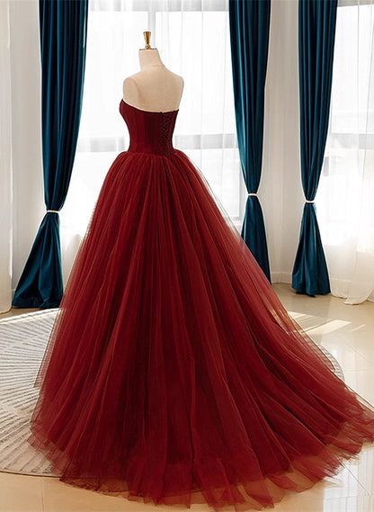 Beaira Wine Red Scoop Sweetheart Tulle Ball Gown Prom Dress Wine Red Tulle Evening Dress