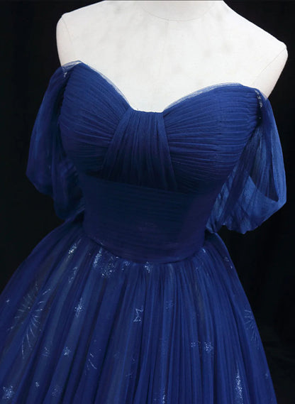 Beaira Navy Blue Tulle Sweetheart Long Prom Dress A-line Navy Blue Evening Dress