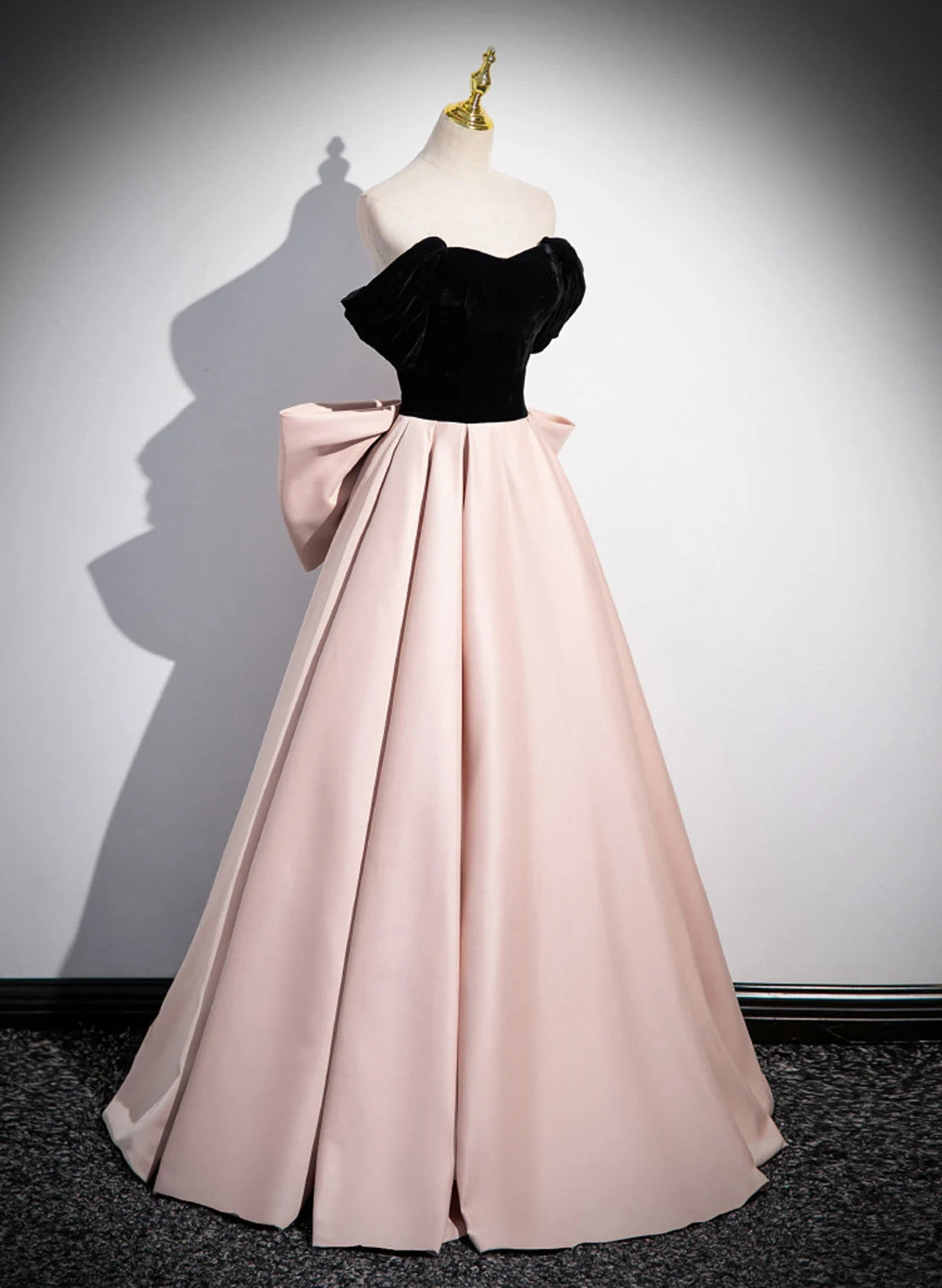 Beaira Pink and Black Off Shoulder Long Party Dress with Bow Pink Long Evening Dress