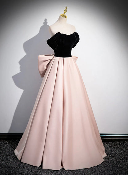 Beaira Pink and Black Off Shoulder Long Party Dress with Bow Pink Long Evening Dress