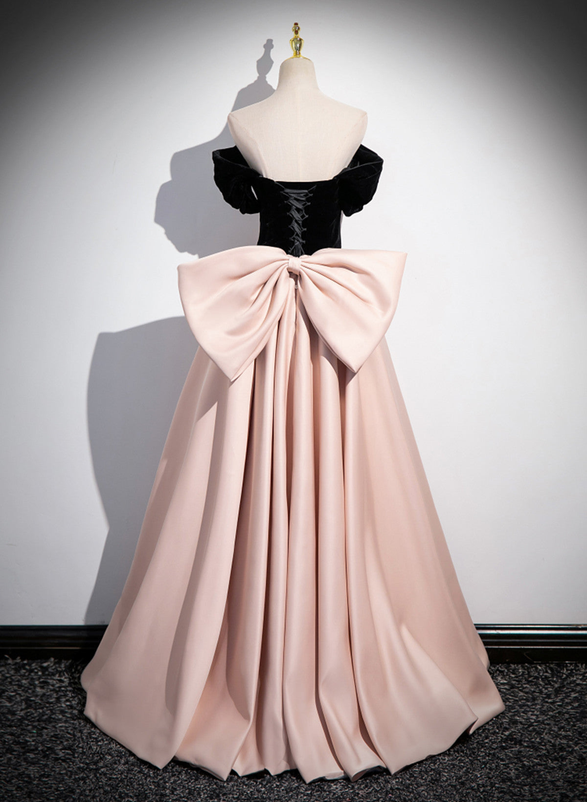 Beaira Pink and Black Off Shoulder Long Party Dress with Bow Pink Long Evening Dress