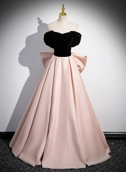 Beaira Pink and Black Off Shoulder Long Party Dress with Bow Pink Long Evening Dress