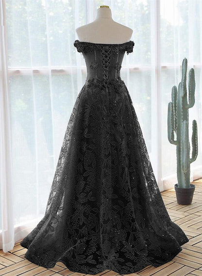 Beaira Black A-line Lace Off Shoulder Tulle with Lace Prom Dress Black Long Evening Dress