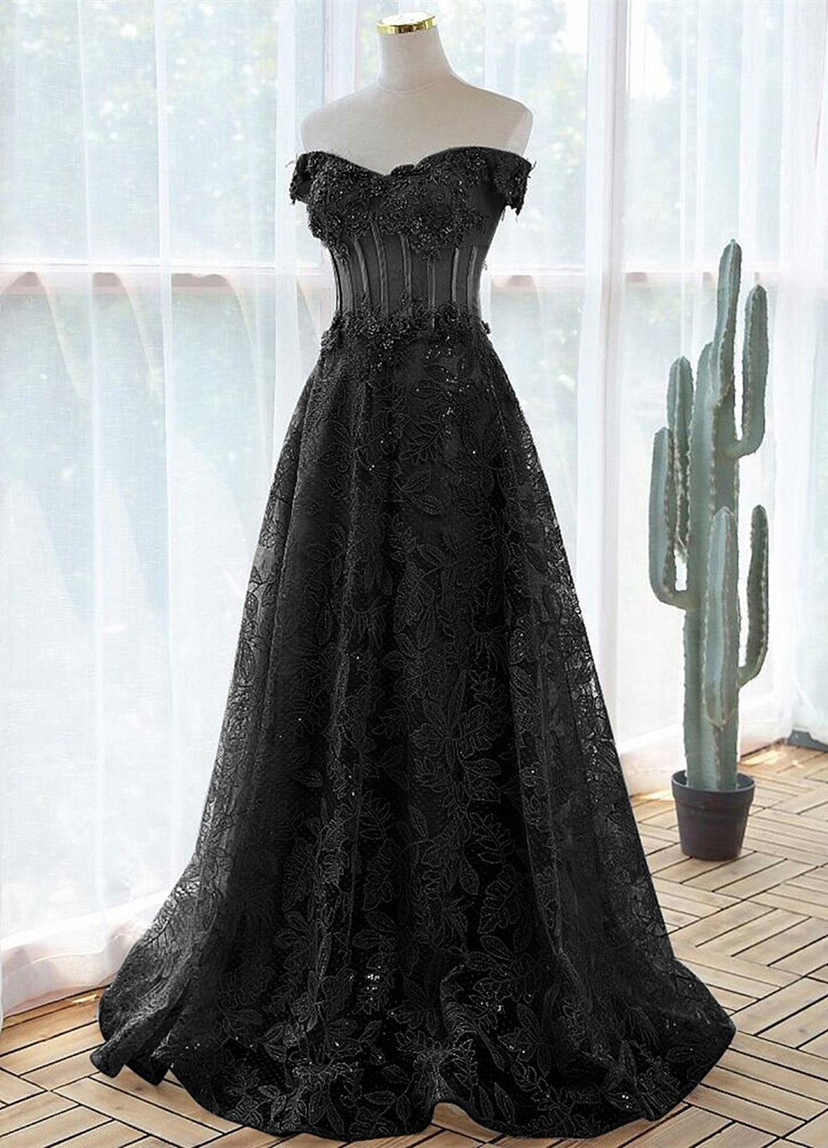 Beaira Black A-line Lace Off Shoulder Tulle with Lace Prom Dress Black Long Evening Dress