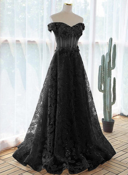 Beaira Black A-line Lace Off Shoulder Tulle with Lace Prom Dress Black Long Evening Dress