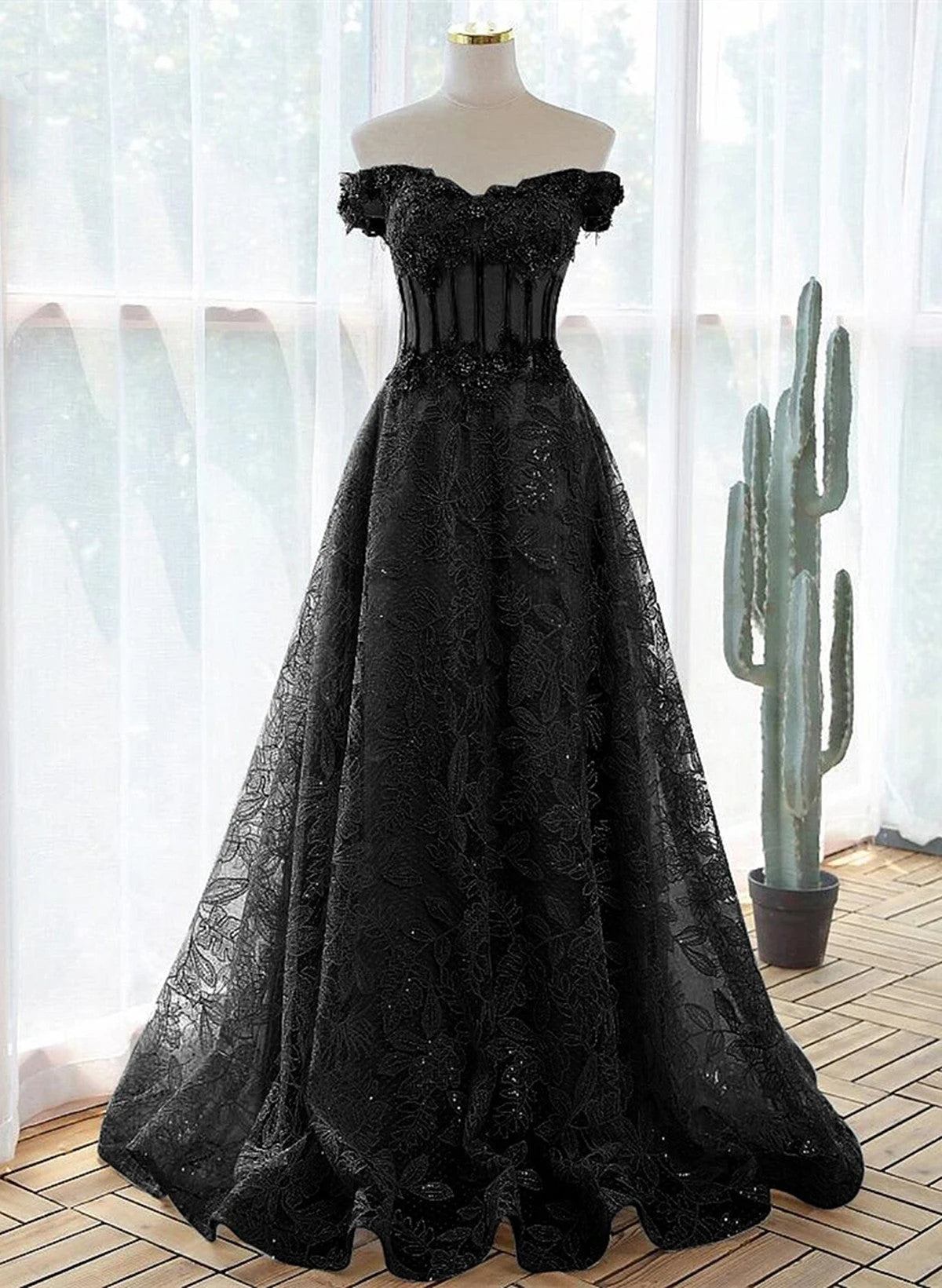 Beaira Black A-line Lace Off Shoulder Tulle with Lace Prom Dress Black Long Evening Dress