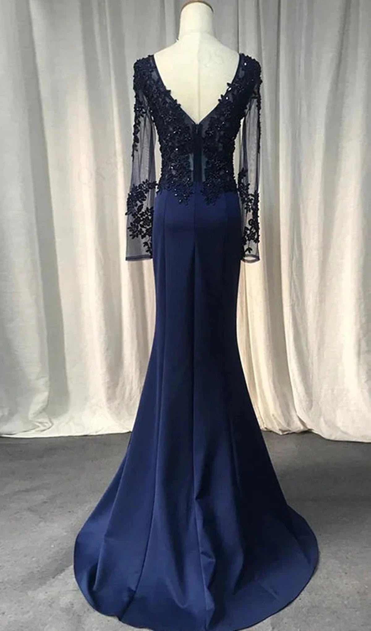 Beaira Navy Blue Spandex Long Sleeves Mermaid Evening Dress Navy Blue Prom Dress