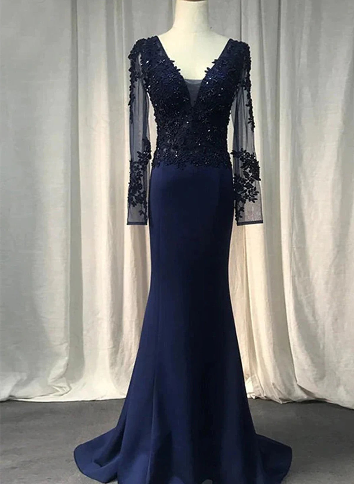 Beaira Navy Blue Spandex Long Sleeves Mermaid Evening Dress Navy Blue Prom Dress