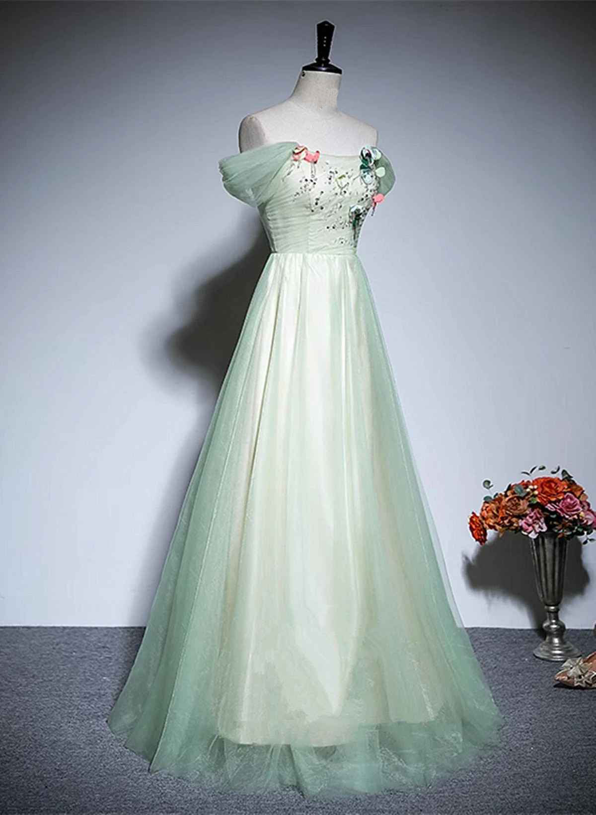 Beaira Light Green Tulle Off Shoulder A-line Prom Dress Light Green Flowers Long Evening Dress