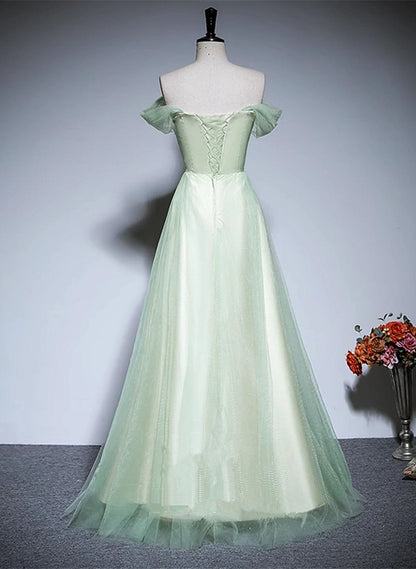 Beaira Light Green Tulle Off Shoulder A-line Prom Dress Light Green Flowers Long Evening Dress