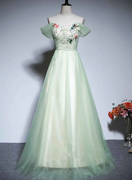 Beaira Light Green Tulle Off Shoulder A-line Prom Dress Light Green Flowers Long Evening Dress