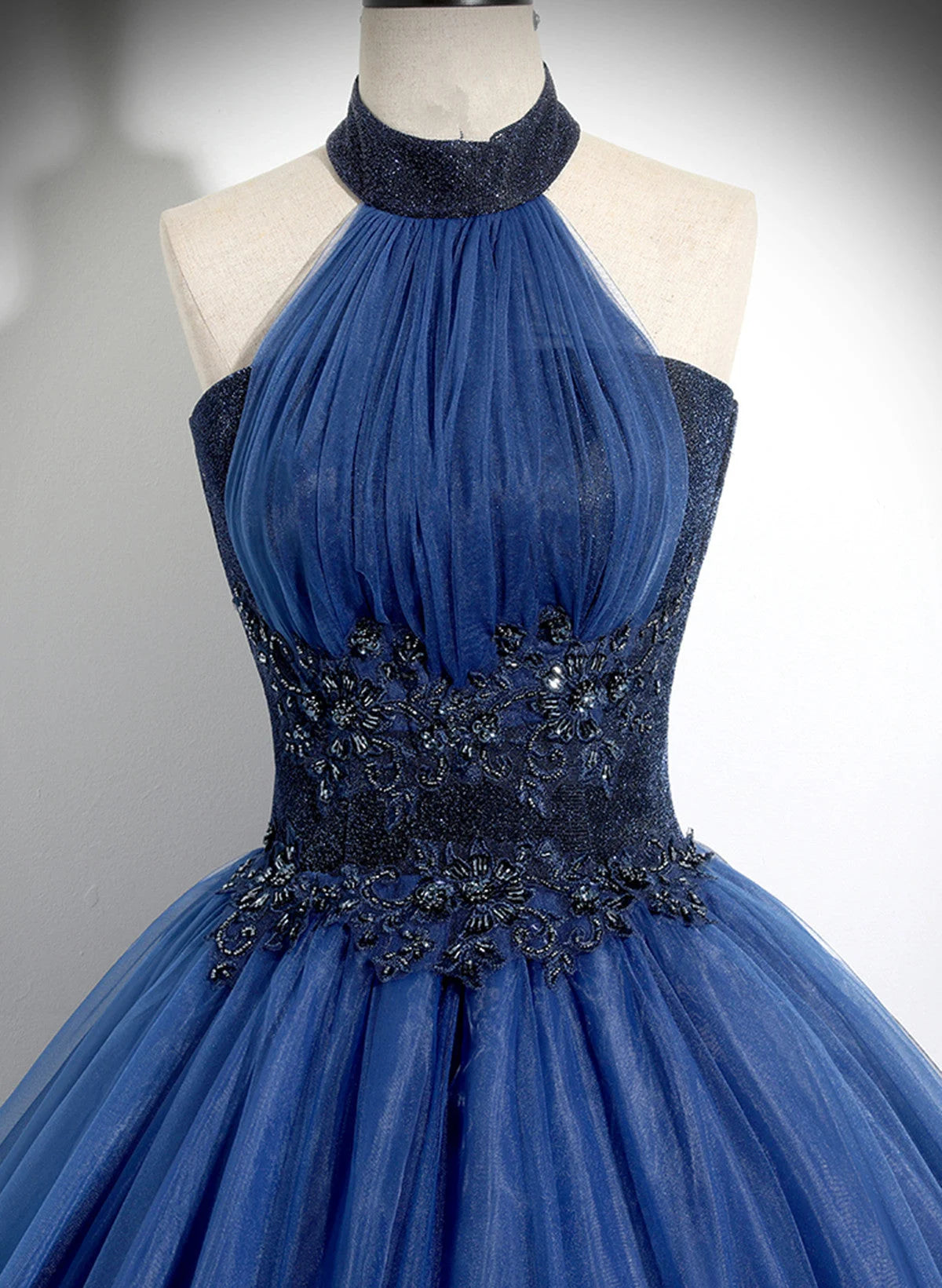 Beaira Blue High Neckline Ball Gown Formal Dress Blue Tulle Sweet 16 Dress Party Dress