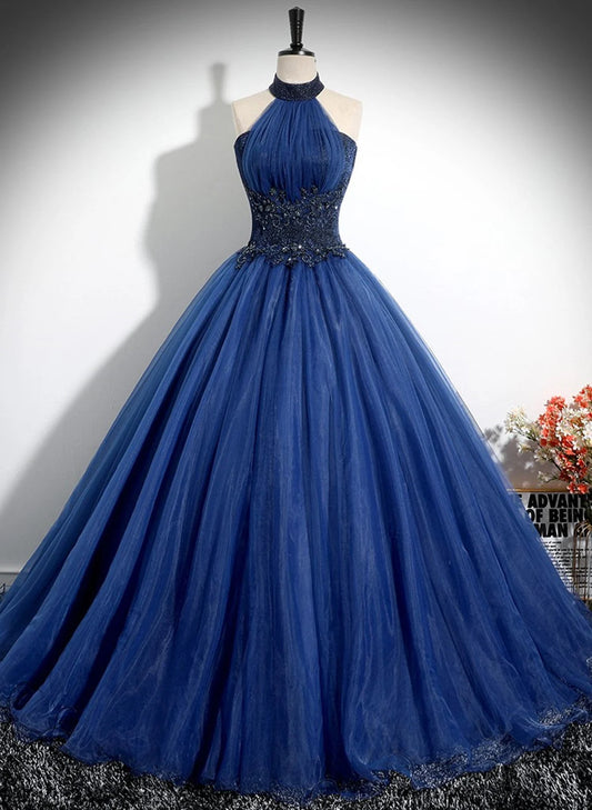 Beaira Blue High Neckline Ball Gown Formal Dress Blue Tulle Sweet 16 Dress Party Dress