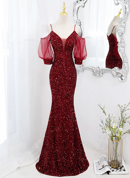 Beaira Wine Red Velvet Mermaid Long Party Dress Wine Red Vekvet Prom Dress