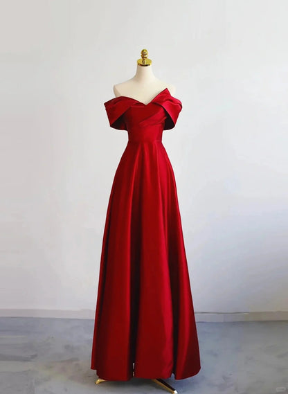 Beaira Red Satin Off Shoulder Sweetheart Long Party Dress Red Satin Prom Dress