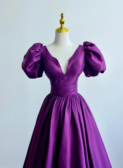 Beaira Purple Satin A-line Short Sleeves Long Formal Dress Purple Evening Dress Prom Dress