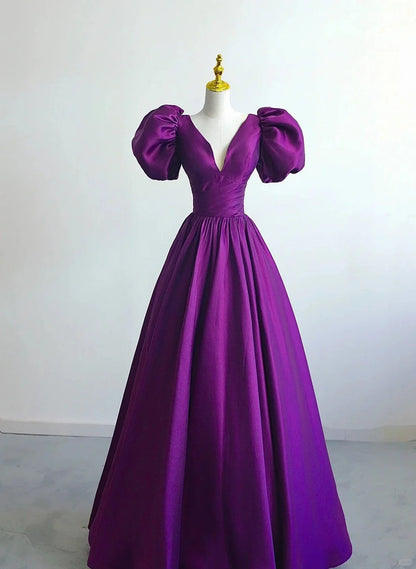 Beaira Purple Satin A-line Short Sleeves Long Formal Dress Purple Evening Dress Prom Dress