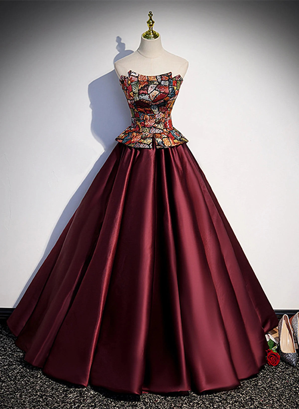 Beaira Elegant Burgundy Satin Off Shoulder Evening Dress Burgundy Prom Dress