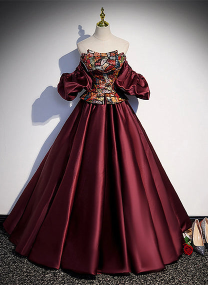 Beaira Elegant Burgundy Satin Off Shoulder Evening Dress Burgundy Prom Dress