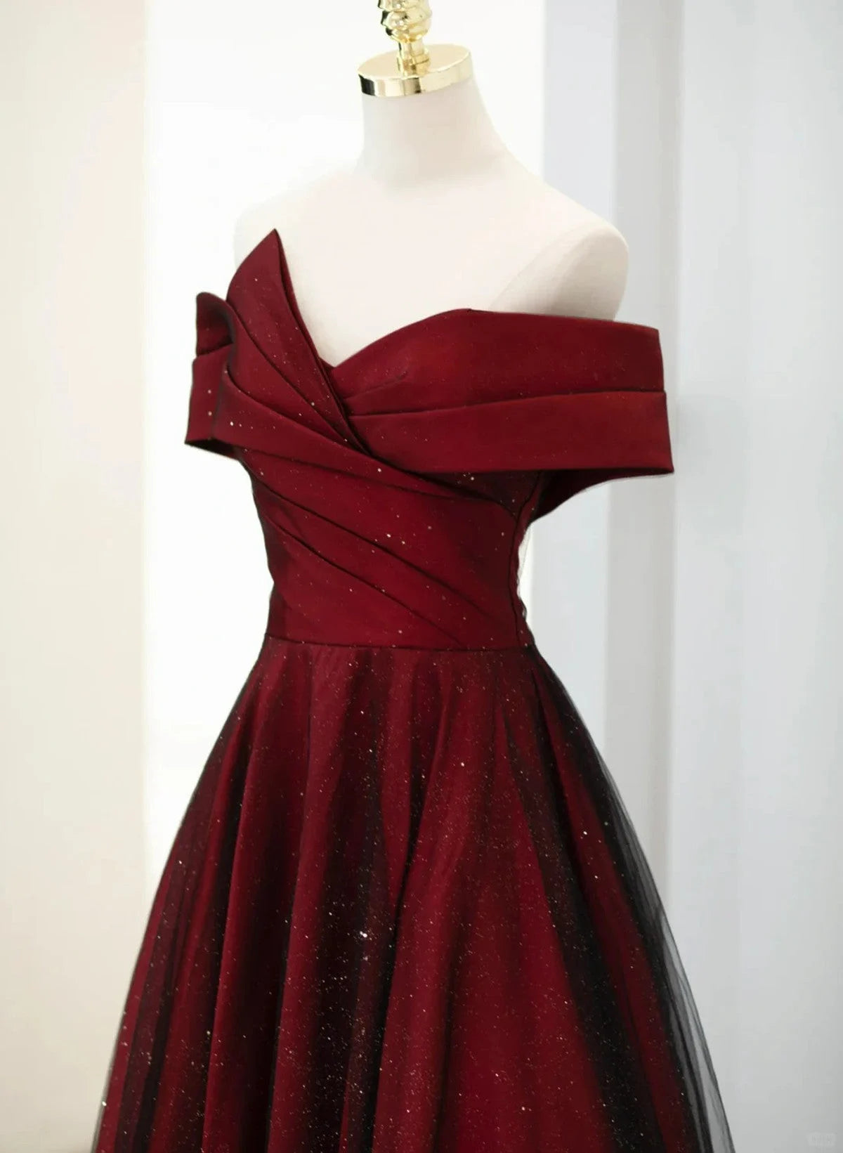 Beaira A-line Off Shoulder Wine Red Tulle Long Party Dress Wine Red and Black Prom Dress