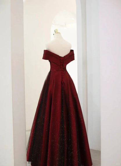 Beaira A-line Off Shoulder Wine Red Tulle Long Party Dress Wine Red and Black Prom Dress