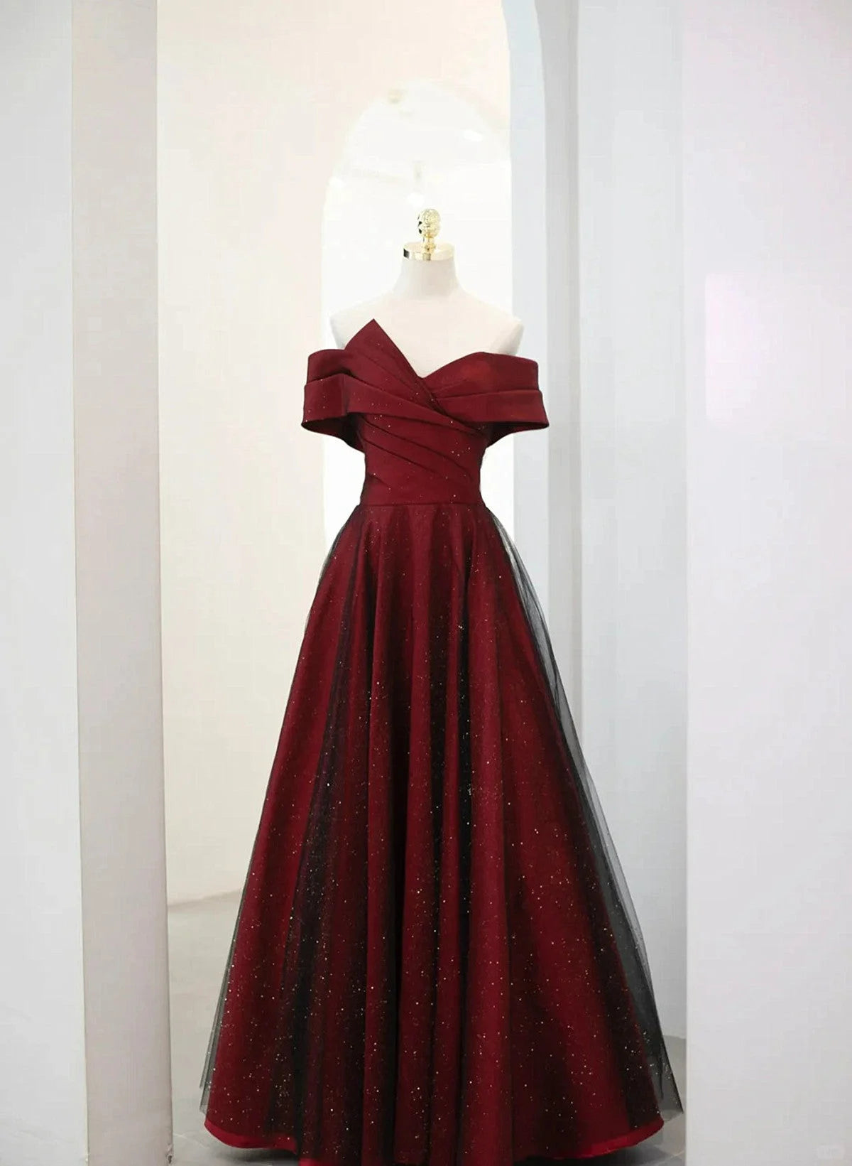 Beaira A-line Off Shoulder Wine Red Tulle Long Party Dress Wine Red and Black Prom Dress