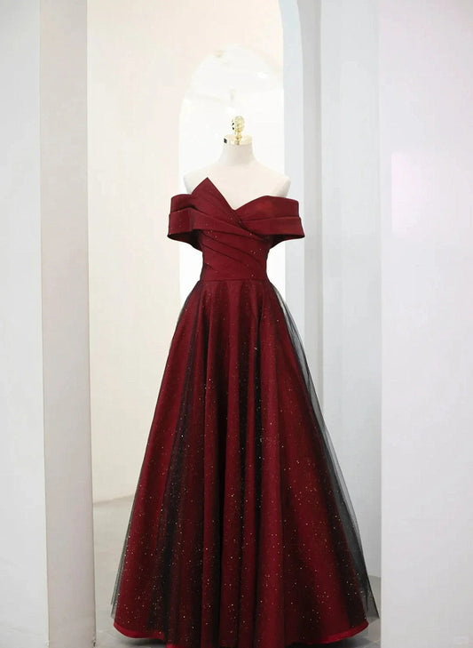 Beaira A-line Off Shoulder Wine Red Tulle Long Party Dress Wine Red and Black Prom Dress