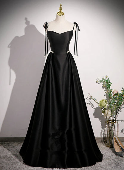 Beaira Black Satin Sweetheart Long Prom Dress with Bow Black Long Evening Dress