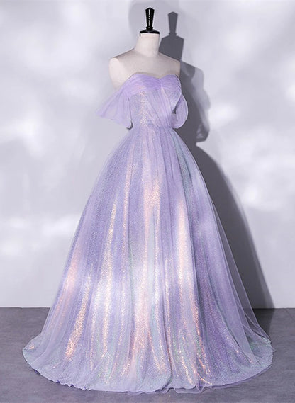 Beaira Lavender A-line Tulle and Sequins Prom Dress Off Shoulder Tulle Evening Dress